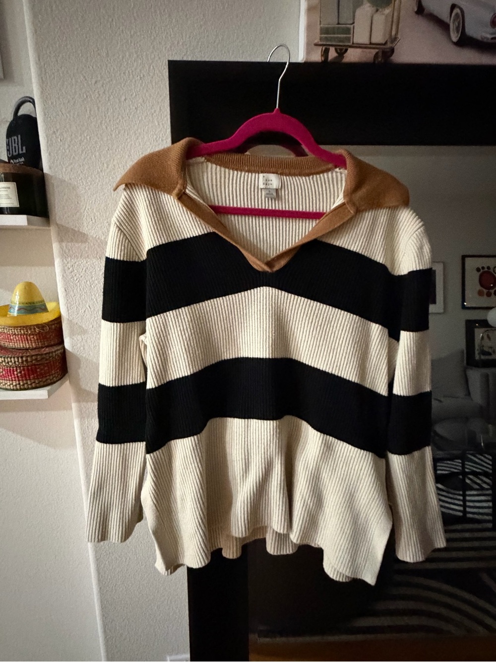 a new day Black, Cream and Tan Striped Ribbed V-Neck Sweater